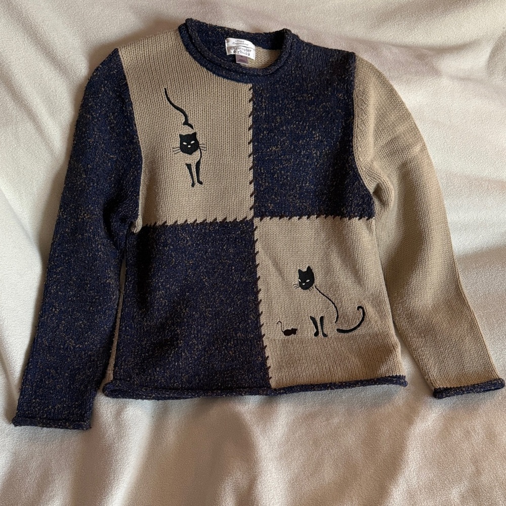 Christopher & Banks Navy and Beige Cat Sweater